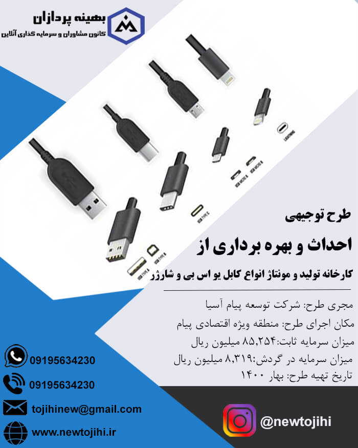 احداث و بهره برداری از کارخانه تولید و مونتاژ انواع کابل USB و شارژر