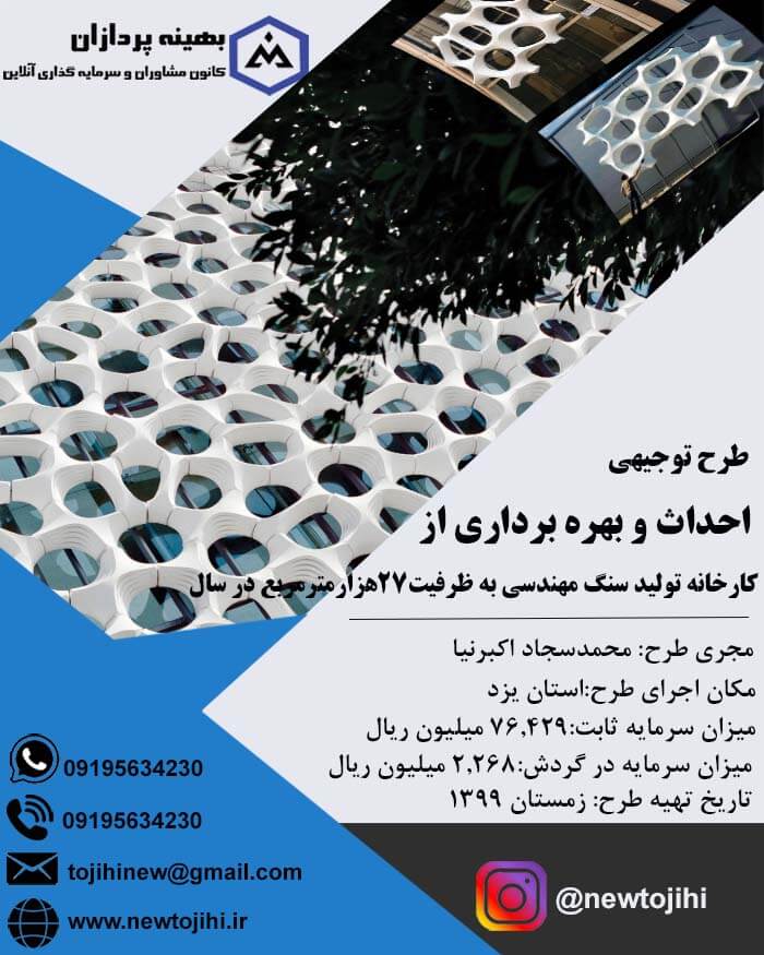 احداث و بهره برداری از کارخانه تولید سنگ مهندسی به ظرفیت 27هزار مترمربع در سال